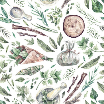 Watercolor hand painted seamless pattern with wild herbs and pharmacy elements. Greenery healthy background. Nature illustration for wrapping paper, textile, decorations.