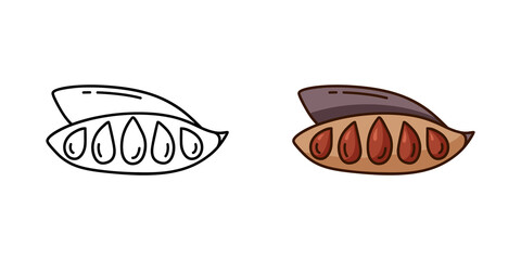 Carob doodle icon. Linear and color version. Hand drawn illustration of pod with seeds. Contour isolated vector pictogram on white background