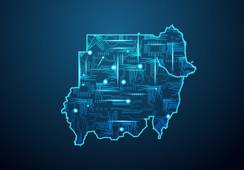 Abstract futuristic map of sudan. Circuit Board Design Electric of the region. Technology background. mash line and point scales on dark with map.