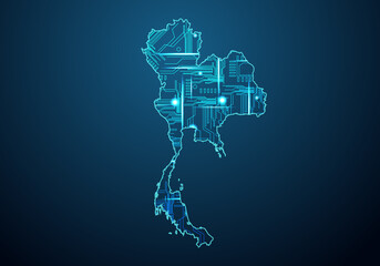 Abstract futuristic map of Thailand. Circuit Board Design Electric of the region. Technology background. mash line and point scales on dark with map.