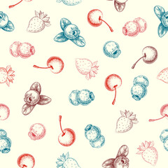 vintage hand drawn berries seamless pattern. silhouettes of garden or forest berries endless background. engraved style. Strawberry, blueberry, cherry botanical illustration. summer fruit for design.