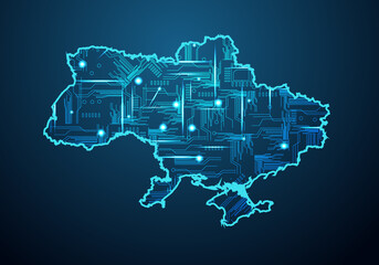 Abstract futuristic map of ukraine. Circuit Board Design Electric of the region. Technology background. mash line and point scales on dark with map.