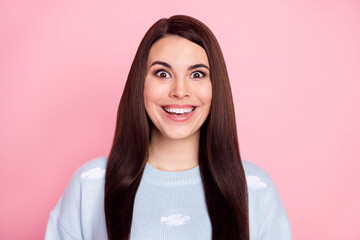 Photo of nice optimistic long hairdo brunette lady wear blue sweater isolated on pastel pink color background