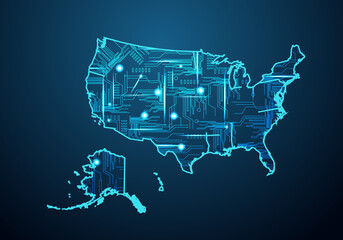 Abstract futuristic map of america. Circuit Board Design Electric of the region. Technology background. mash line and point scales on dark with map.