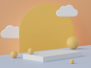 3d Earth tone minimal box podium with simple orange arch, balls and cloud floating behind for showing products and mock up. Display stand for presentation.