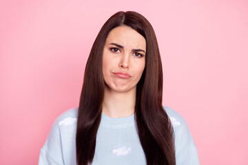 Photo of upset disgusted young woman wear blue pullover isolated pink color background