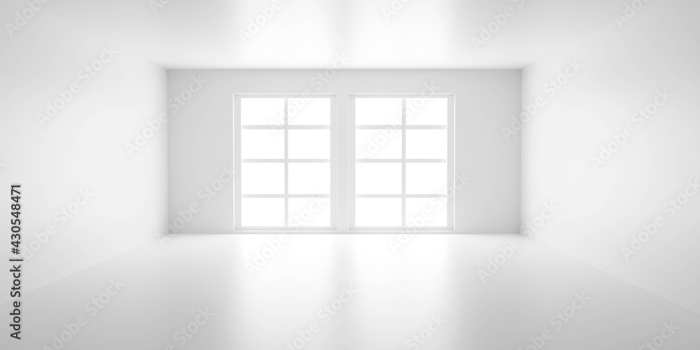 Poster empty white room with windows with bright day lighting and central perspective 3d render illustratio