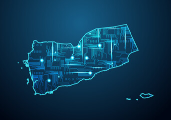 Abstract futuristic map of yemen. Circuit Board Design Electric of the region. Technology background. mash line and point scales on dark with map.