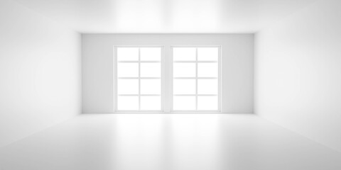 empty white room with windows with bright day lighting and central perspective 3d render illustration with modern classic minimalistic design architecture mock up template