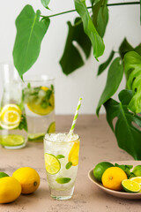 Cold refreshing lemonade in a glass with a straw, a glass with sliced lemon and lime wedges, mint leaves and cold water with ice, Monstera flower in the background