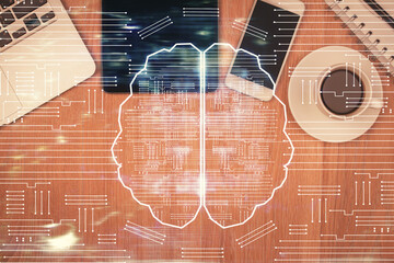 Multi exposure of brain drawing over work table desktop. Top view. Global data analysis concept.