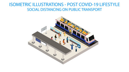 New normal life style in Public transport, wearing mask and social distancing. Isometric detailing view point.