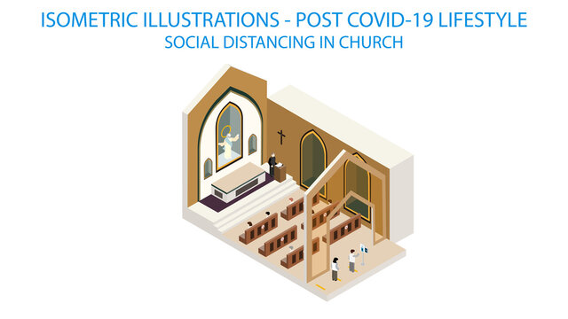 New normal life style in Church, wearing mask and social distancing. Isometric detailing view point.