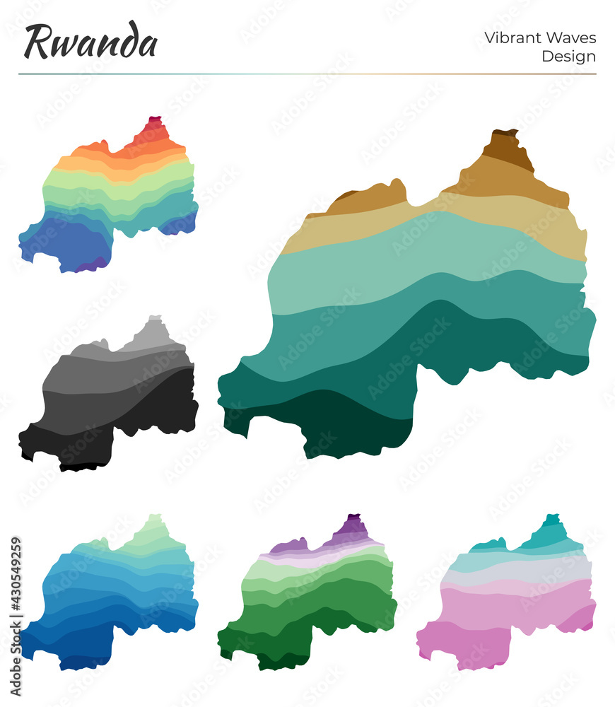 Poster set of vector maps of rwanda. vibrant waves design. bright map of country in geometric smooth curves