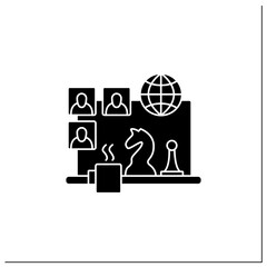 Team building games glyph icon. Virtual gameplay. Online communication. Friendly atmosphere.Chess. Video chat. Remote management concept.Filled flat sign. Isolated silhouette vector illustration