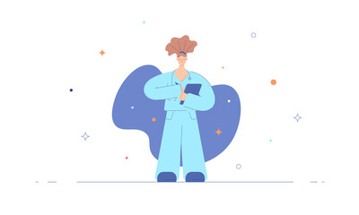 Nurse illustration in flat style. Medical assistant fills out a medical card