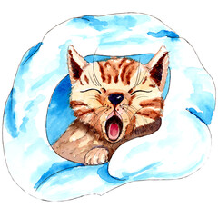 Watercolor cute sleepy kitty in warm blanket