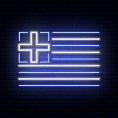Neon sign in the form of the flag of Greece. Against the background of a brick wall with a shadow. for the design of tourist or patriotic themes. White Blue colors.