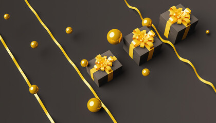 gift boxes with golden spheres and ribbons