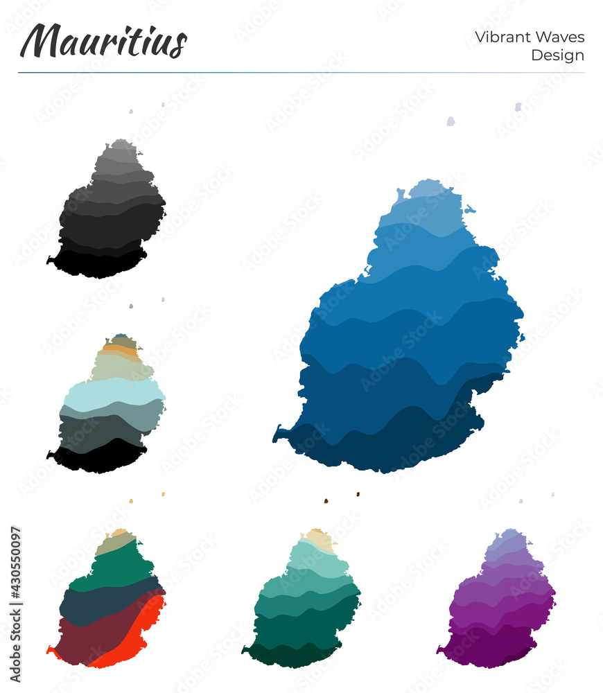 Poster set of vector maps of mauritius. vibrant waves design. bright map of island in geometric smooth curv