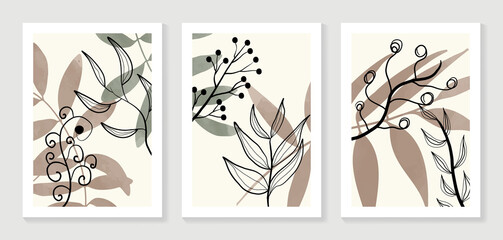 Botanical wall art vector set. Water color boho foliage line art drawing with abstract shape. Abstract Plant Art design for print, cover, wallpaper, Minimal and natural wall art.