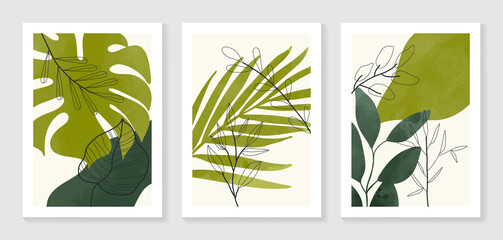 Botanical wall art vector set. Water color boho foliage line art drawing with  abstract shape.  Abstract Plant Art design for print, cover, wallpaper, Minimal and  natural wall art. © TWINS DESIGN STUDIO