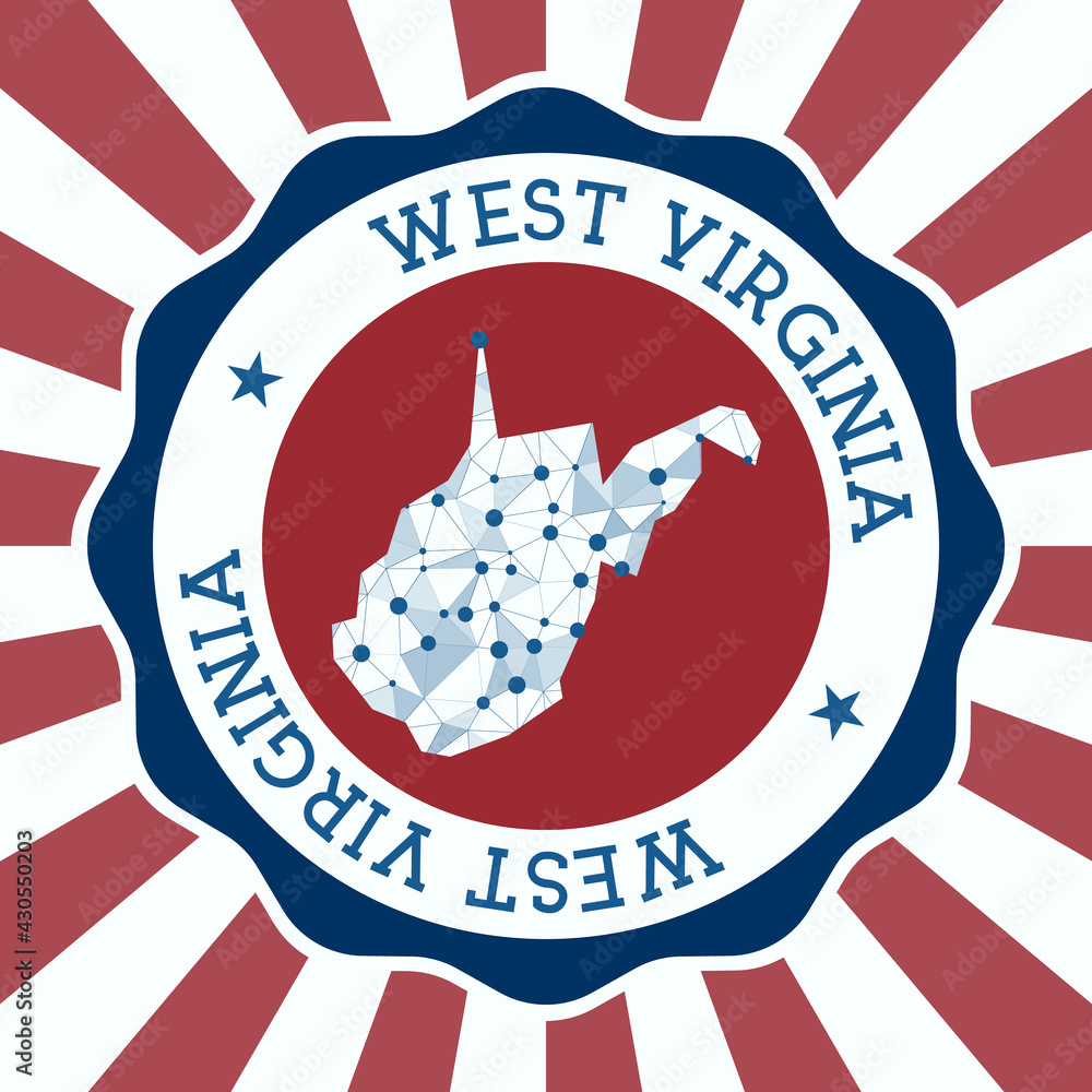 Poster West Virginia badge. Round logo of US state with triangular mesh map and radial rays. EPS10 Vector.