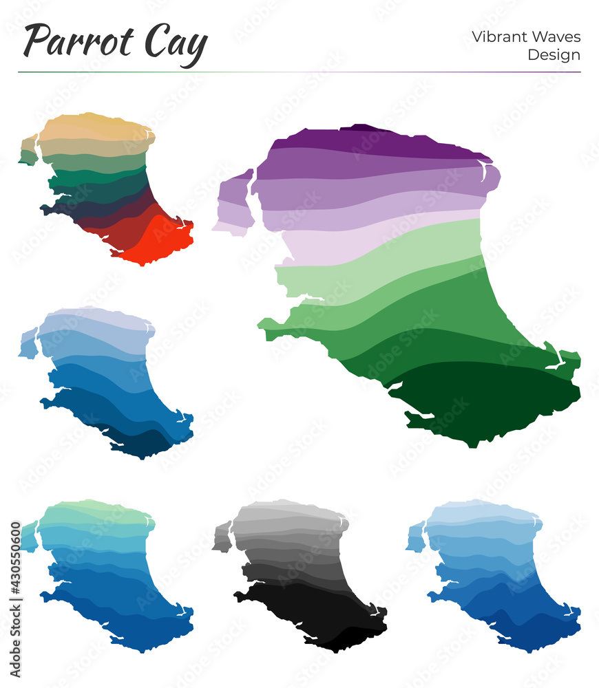 Poster set of vector maps of parrot cay. vibrant waves design. bright map of island in geometric smooth cur