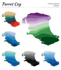 Set of vector maps of Parrot Cay. Vibrant waves design. Bright map of island in geometric smooth curves style. Multicolored Parrot Cay map for your design. Modern vector illustration.