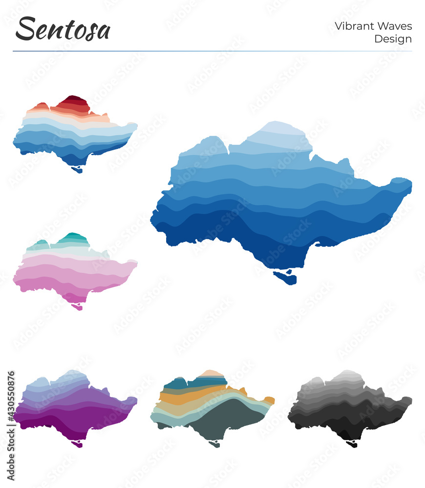 Poster set of vector maps of sentosa. vibrant waves design. bright map of the island in geometric smooth cu