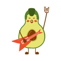 Avocado Rock and Roll. Vector flat illustration of cute avocado character with guitar.