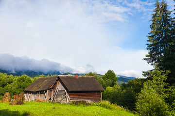 Fototapeta na wymiar An old wooden house high in the mountains near the forest in summer.