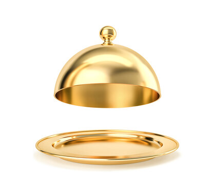 Golden tray and cloche isolated on white. Clipping path included
