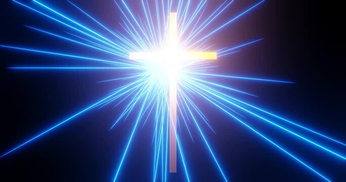 3d render with a cross on a background of blue glowing rays