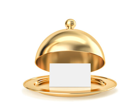 Golden cloche and tray with blank paper template isolated on white. Clipping path included