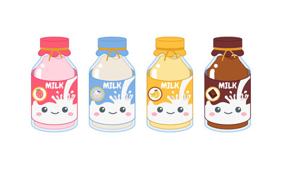 Cute colorful milk packaging of different flavor. Flat vector cartoon design