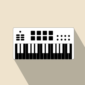 Synthesizer flat square icon with long shadows.