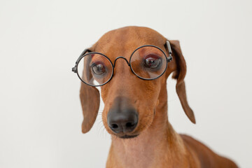 portrait of a cute brown dachshund in glasses for vision on a white background, space for text