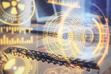 Double exposure of tech drawing and desk with open notebook background. Concept of technology