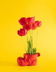 fresh red tulips and green leaves growing up from red shoe flower pot on sunny summer illuminating yellow background. abstract art. minimal creative decoration