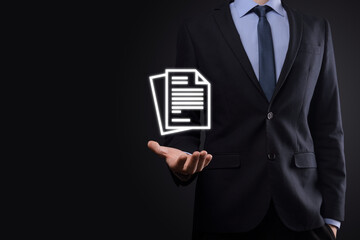 Businessman man holding a document icon in his hand Document Management Data System Business...