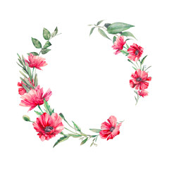 Watercolor flowers, greenery, poppies and eucalyptus branches wreath. Floral clip art: round frame isolated on white background.