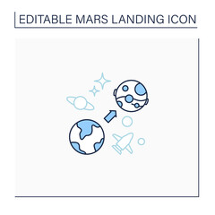Mars mission line icon. Flight from Earth to Mars. Research and development fourth planet. Uninhabited planet. Mars landing concept. Isolated vector illustration. Editable stroke
