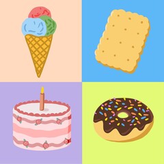 Set of icons of sweets: biscuit, ice cream, donut, cake. Can be used as a seamless pattern or a print