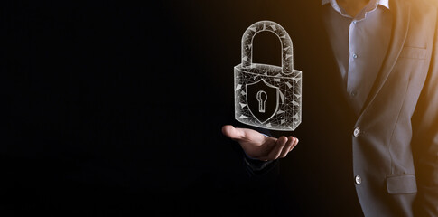 Cyber security network. Padlock icon and internet technology networking. Businessman protecting data personal information on tablet and virtual interface. Data protection privacy concept. GDPR. EU