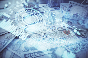 Multi exposure of business theme drawing over us dollars bill background. Concept of financial success.