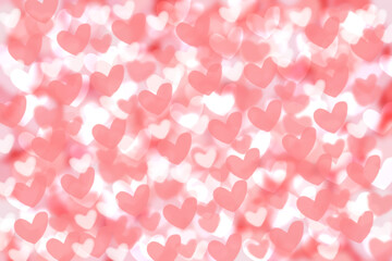 Abstract festive blur bright pink pastel background texture with pink and white hearts love bokeh for Mothers day, valentine or wedding card. Space for design. Card concept.
