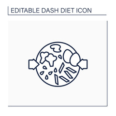 Healthy food line icon. Broccoli pasta salad. Eggs and sunflower seeds on plate. Balanced nutrition. Small portion. Dash diet concept. Isolated vector illustration.Editable stroke