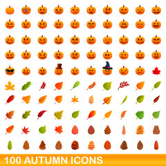 100 autumn icons set. Cartoon illustration of 100 autumn icons vector set isolated on white background