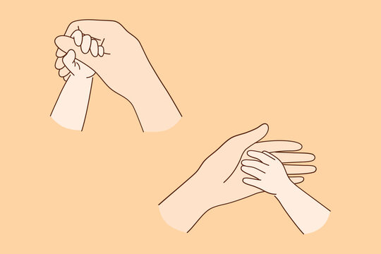 Motherhood, Trust And Support Concept. Close-up Of Hands Of Child And Adult, Parent And Son Or Daughter. Love Between Mother And Child Vector Illustration 